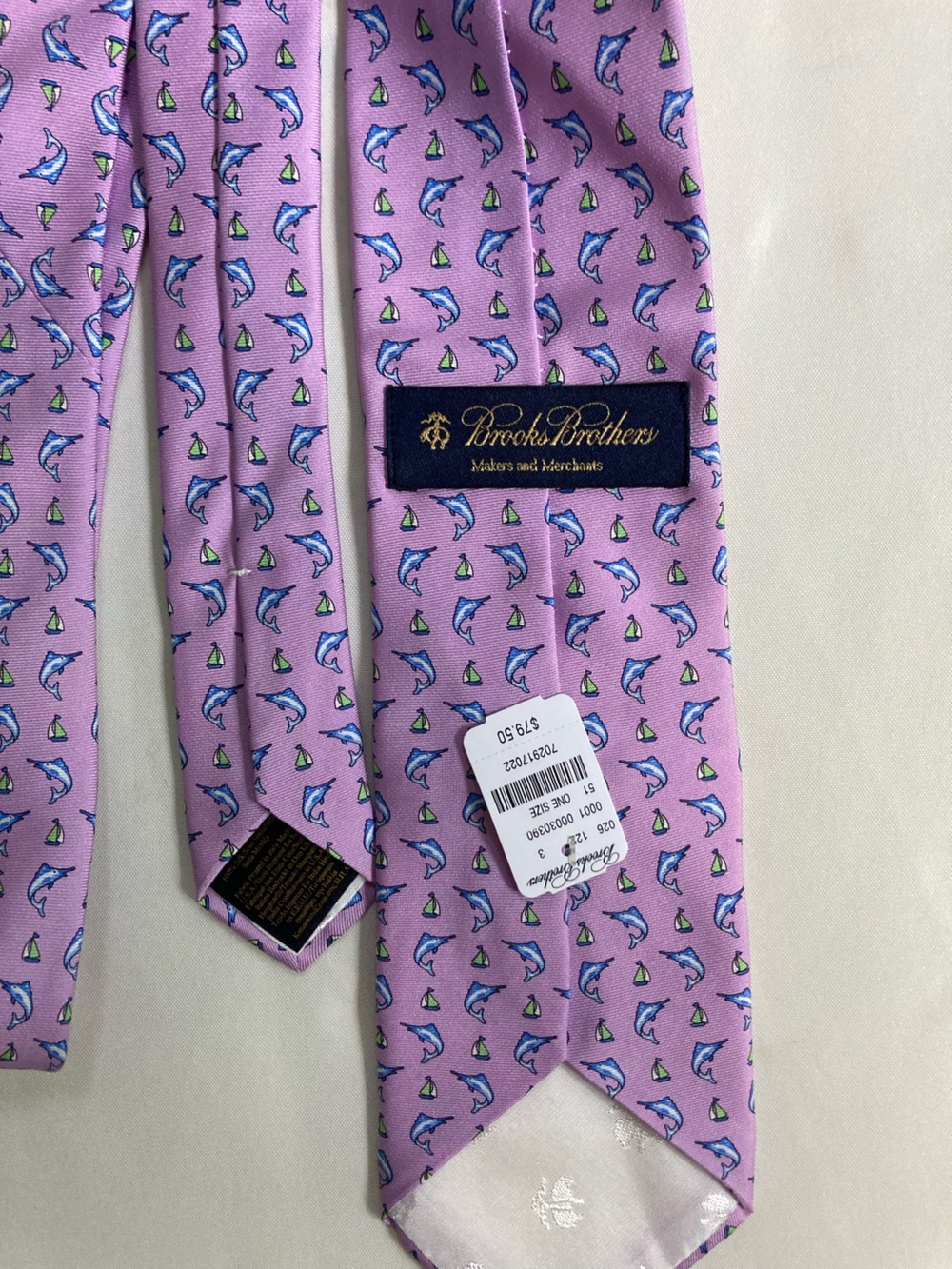 Brooks Brothers Men's Silk Tie Pink Purple Swordfish Sailboat Nautical Print NWT